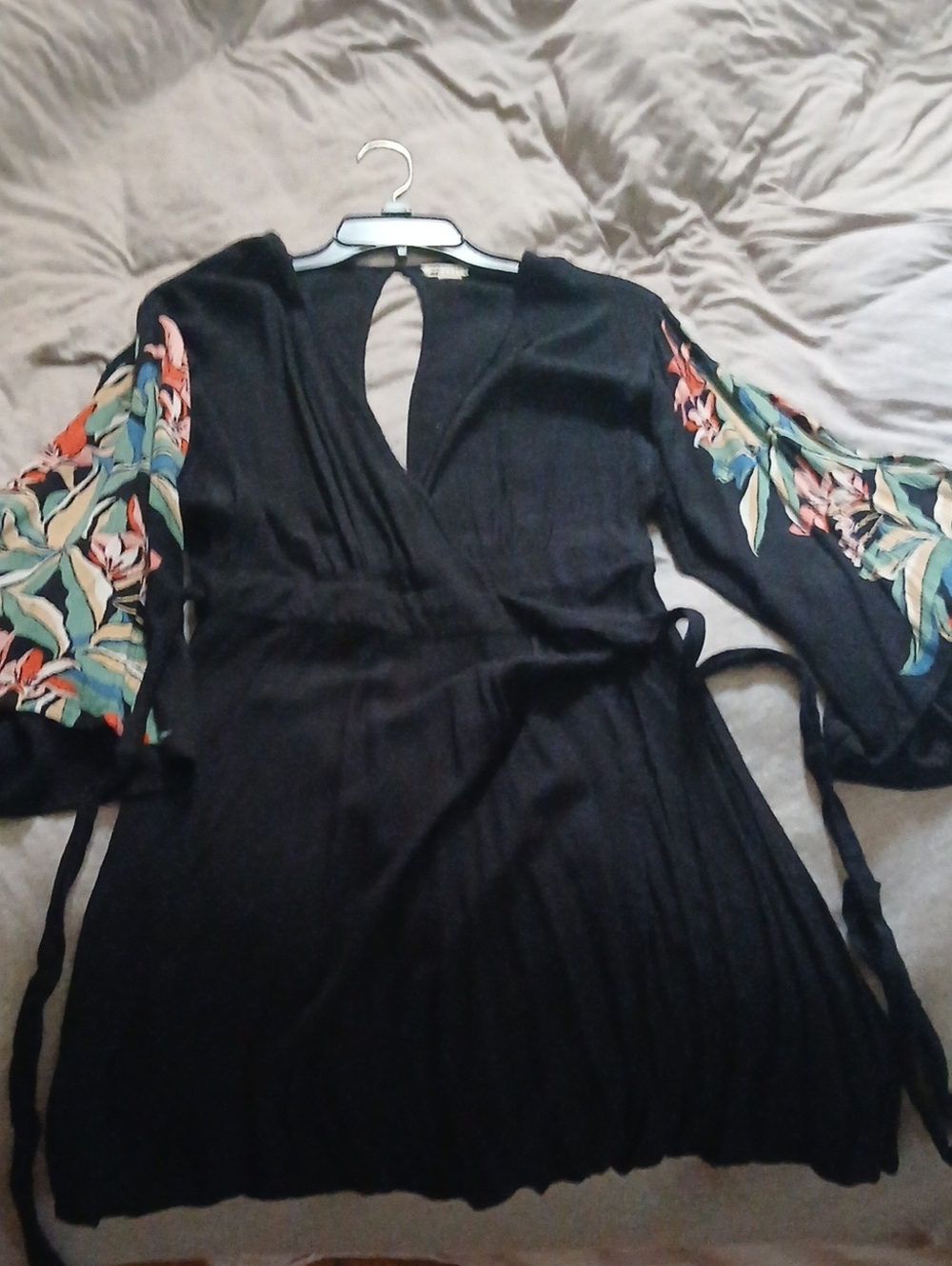 Billabong Black Wrap Dress with Floral Bell Sleeves